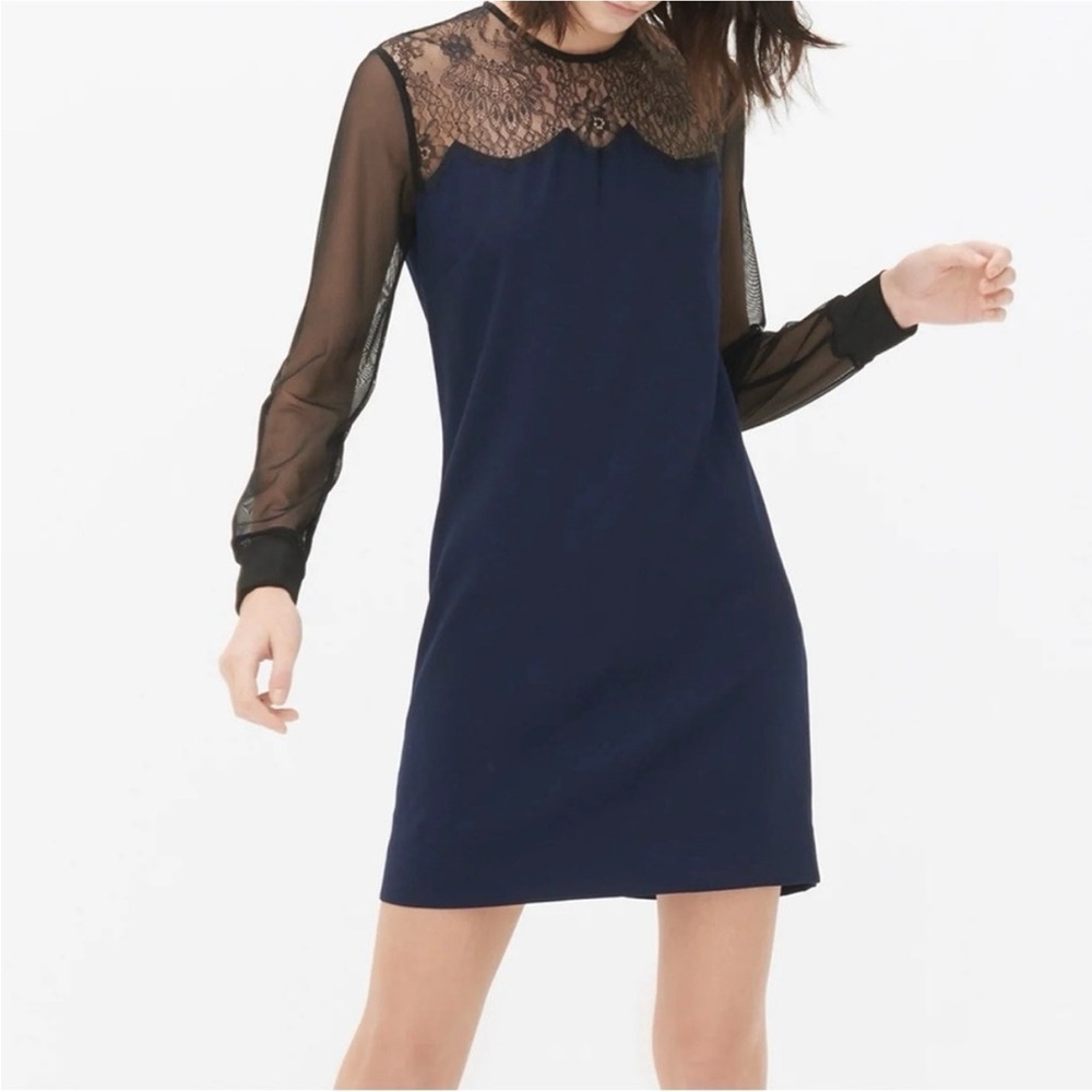 Sandro Paris Roots Dress S Lace Yoke Long Sleeve Shift Navy Black Retro Mod $250